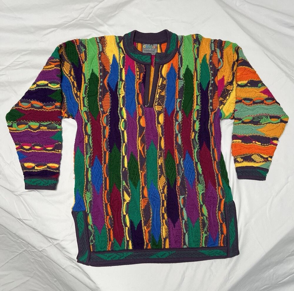 Coogi Australia 100% Wool Cable Knit 1/4 Zip Sweater Colorful Men’s Size LARGE